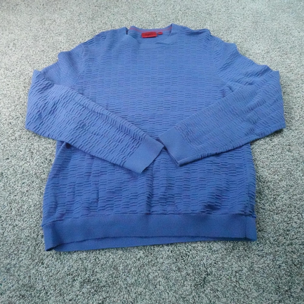 Hugo Boss Sweater Mens L Blue Geometric Textured Knit Cotton Pullover Crewneck